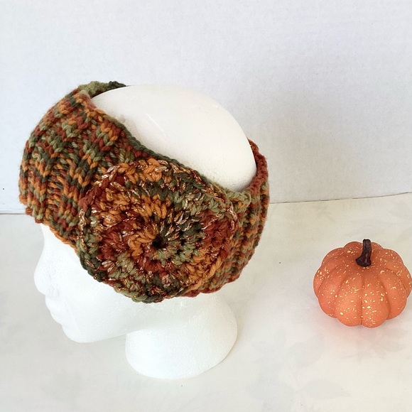 Headband Earwarmer Hand Crafted Multicolor Green Rust Bronze Orange Glitter Knit - Picture 5 of 15